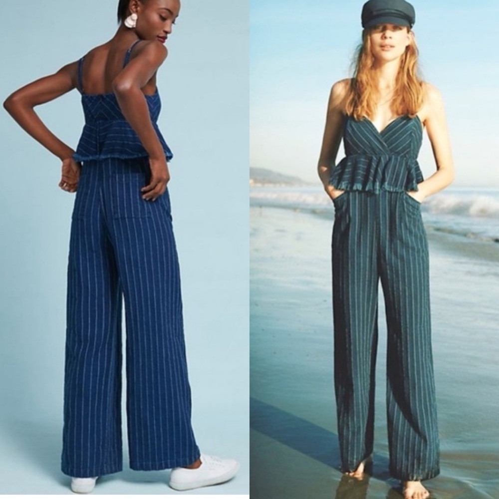 Anthropologie Ett:twa Wide Leg Peplum Denim Blue Striped Jumpsuit size M